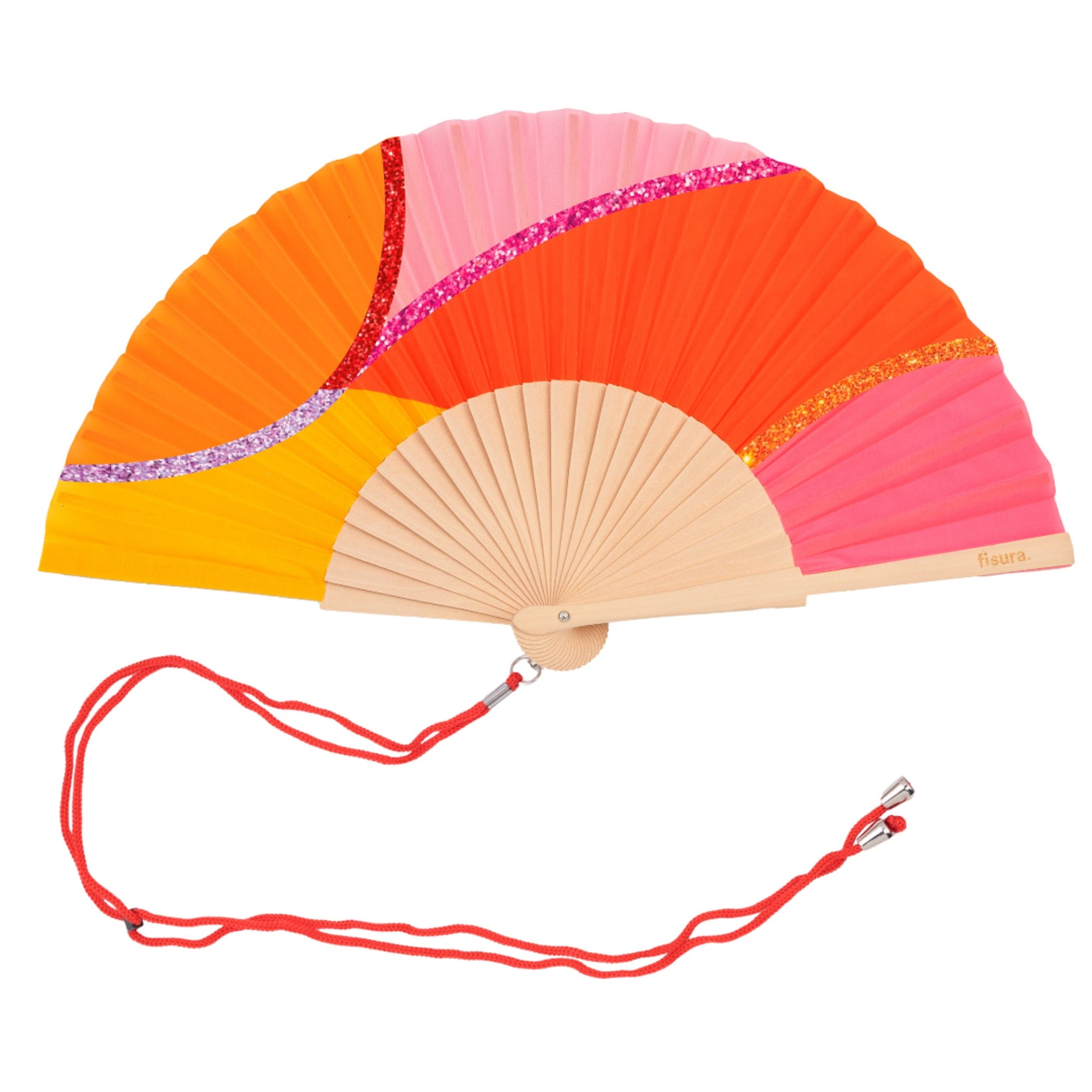  abanico de la marca fisura con ondas en colores amarillo, naranja y rosa, y con purpurina de colores y la cuerda para colgarlo al cuello en color rojo