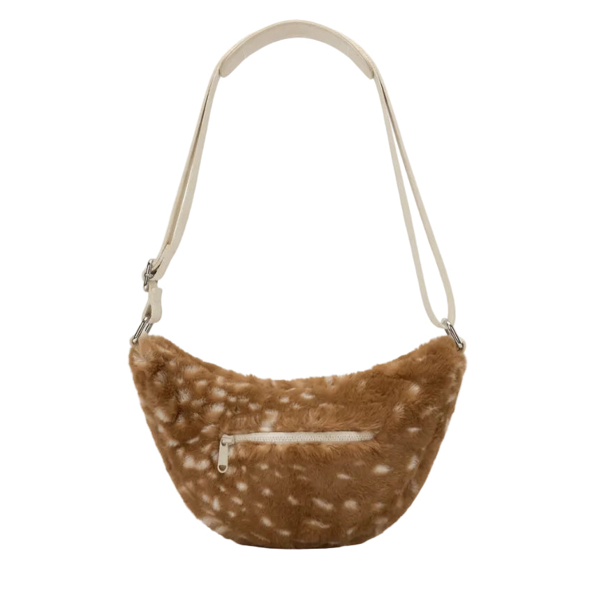 Vista trasera de la riñonera Andrea de Hindbag con estampado de cervatillo y bolsillo exterior con cremallera.