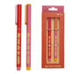 set de dos bolis en rosa y rojo con el texto no me da la vida en color amarillo y en su caja