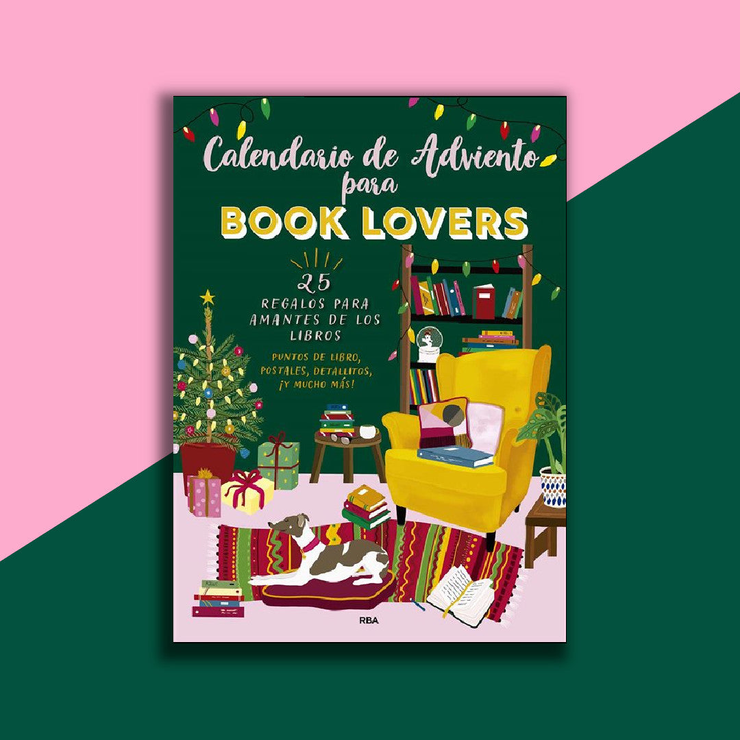 Calendario de Adviento para Booklovers de RBA, con portada ilustrada de un rincón de lectura navideño y 25 regalos para lectores.
