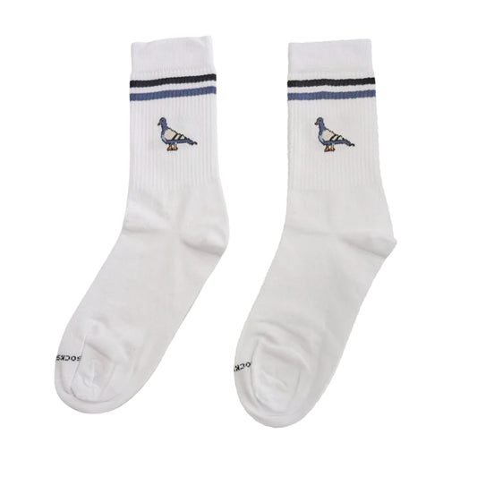 calcetines de la marca socks and co de color blanco con unas palomas en los laterales y dos bandas de color gris y negro en la parte superior