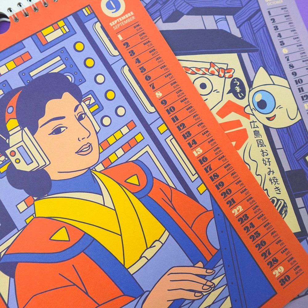 Lámina del calendario de Yeahhh Studio de septiembre con ilustración de una mujer futurista con kimono manejando un ordenador