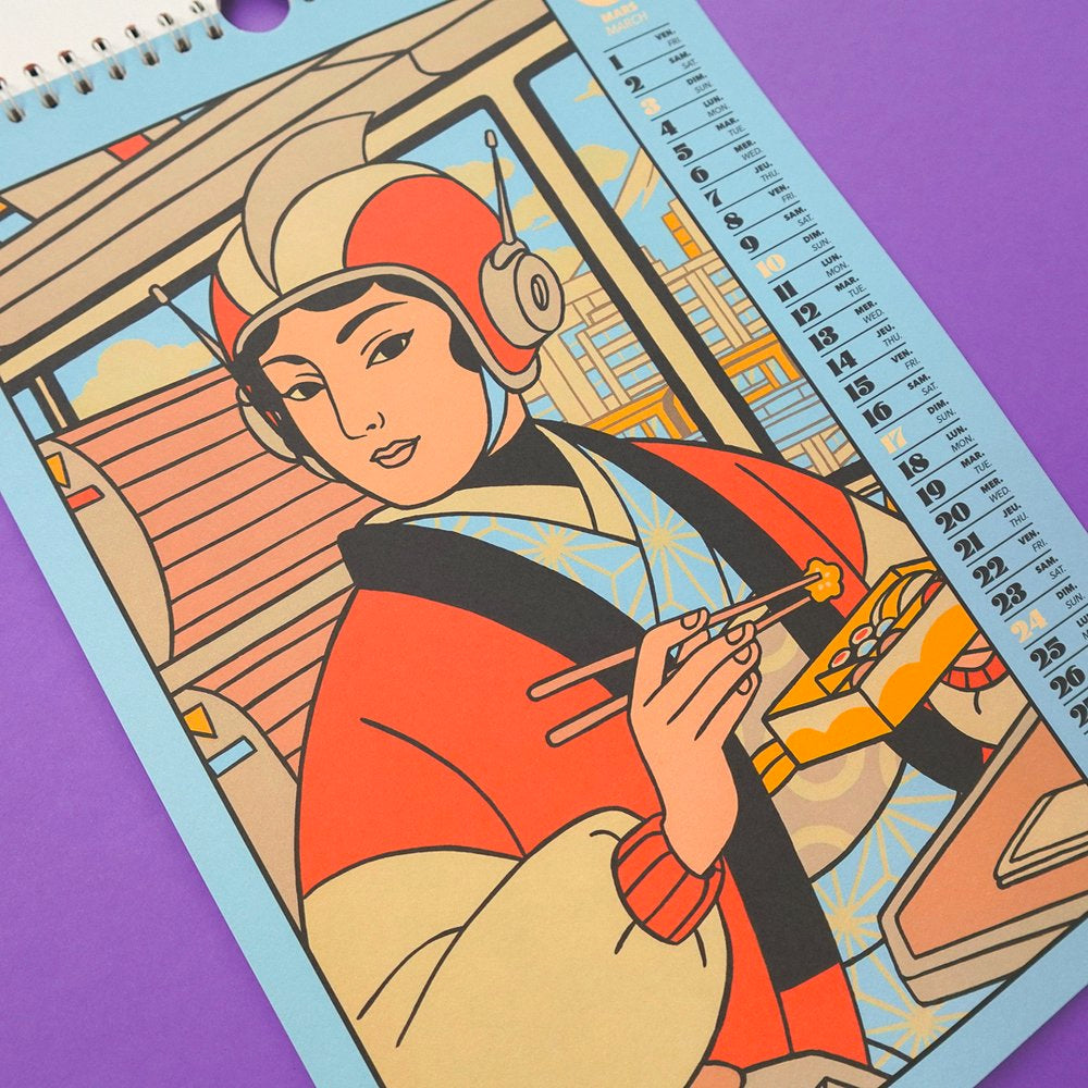 Lámina del calendario de Yeahhh Studio de una mujer con traje tradicional japonés y casco futurista comiendo sushi