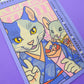 Lámina del calendario de Yeahhh Studio de un gato y un ratón con kimonos japoneses comiendo conos de fruta 