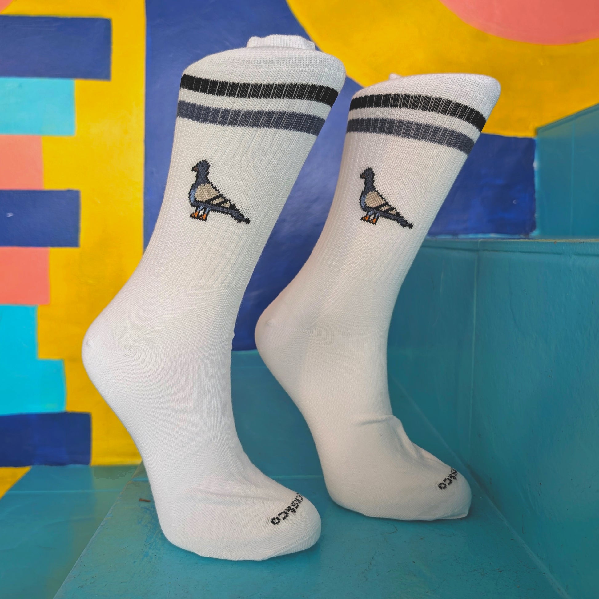 calcetines de la marca socks and co de color blanco con unas palomas en los laterales y dos bandas de color gris y negro en la parte superior sobre un fondo colorido