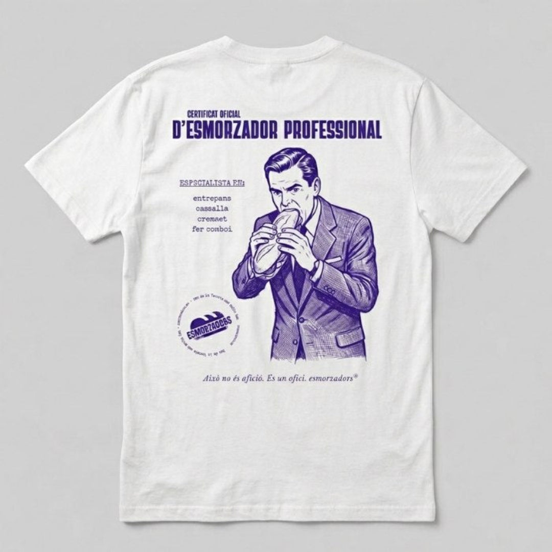 camiseta con texto de certificado de esmorzador professional con un hombre en traje comiendo un bocadillo