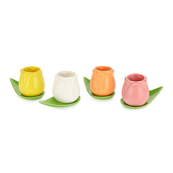 Set de tazas de café con forma de tulipanes de colores y platitos con forma de hojas verdes