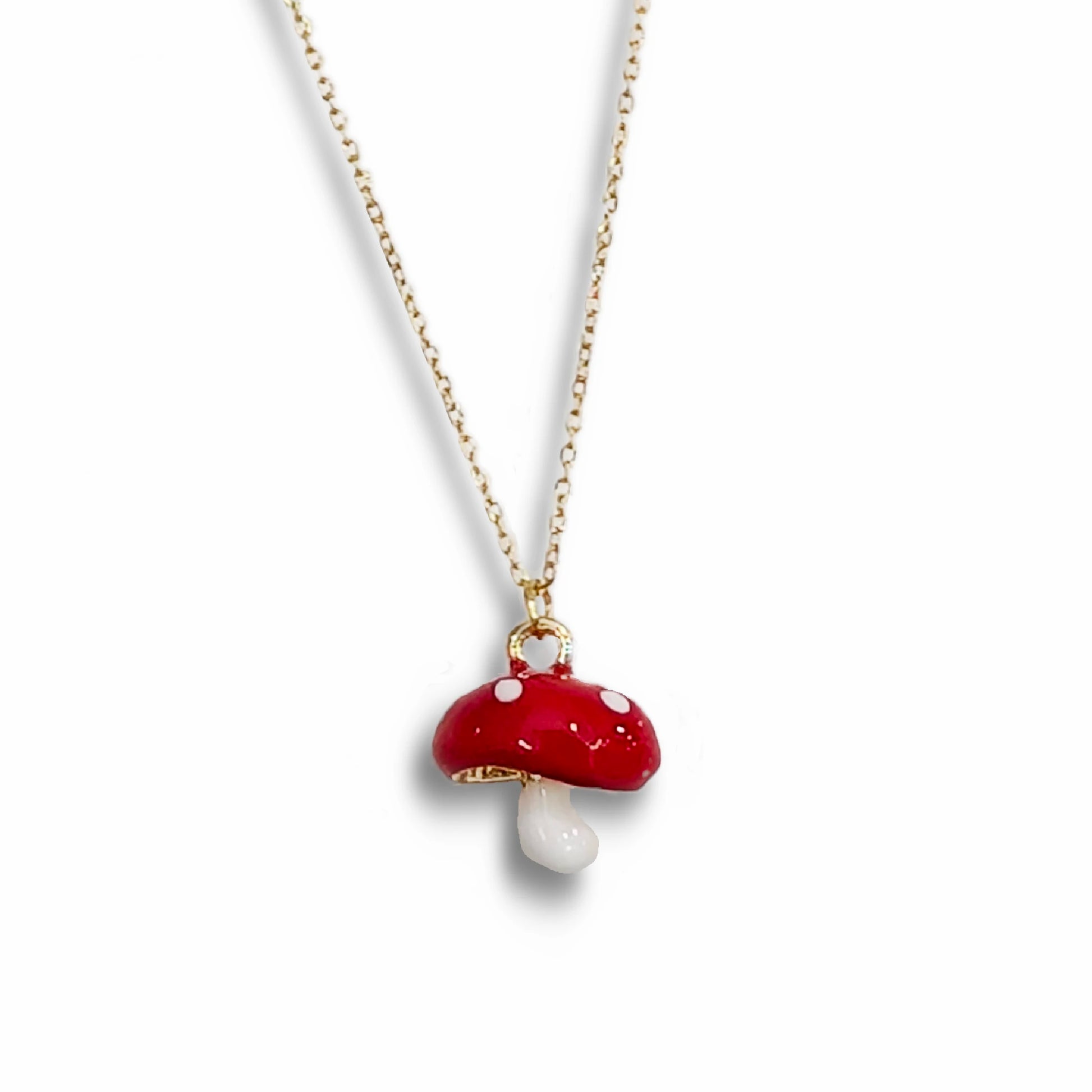 collar en forma de seta de color roja con puntos blancos de acero inoxidable en dorado