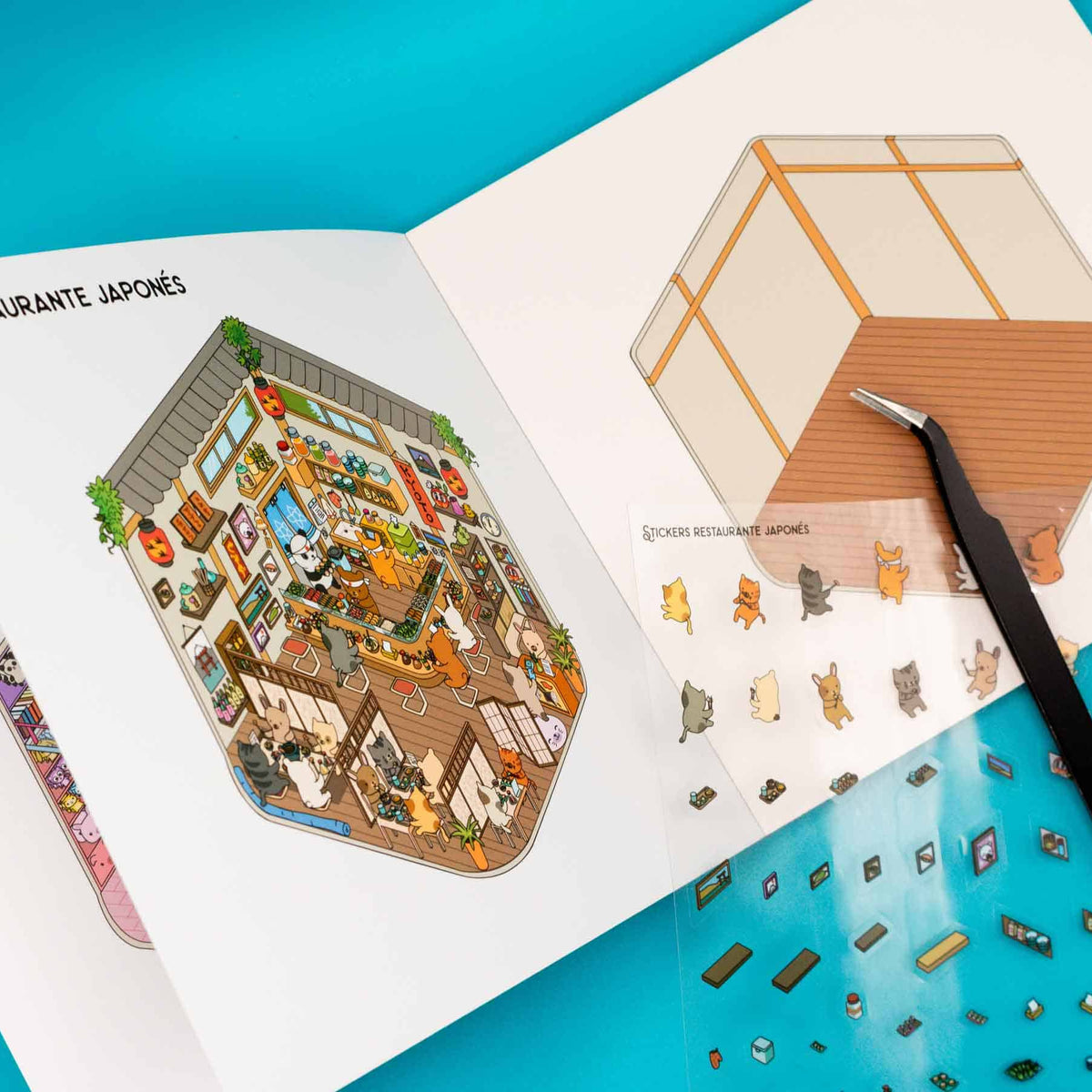 Libro de pegatinas Viaje a Japón abierto con escenas japonesas en 3D