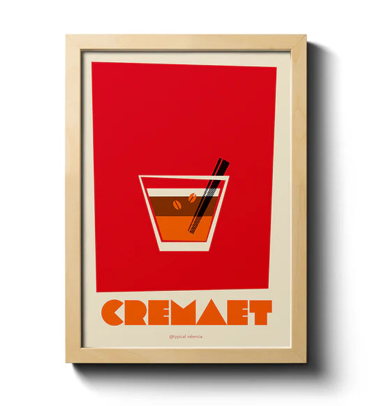 Print con ilustración de un vaso de cremaet sobre fondo rojo y la palabra escrita en letras mayúsculas amarillas