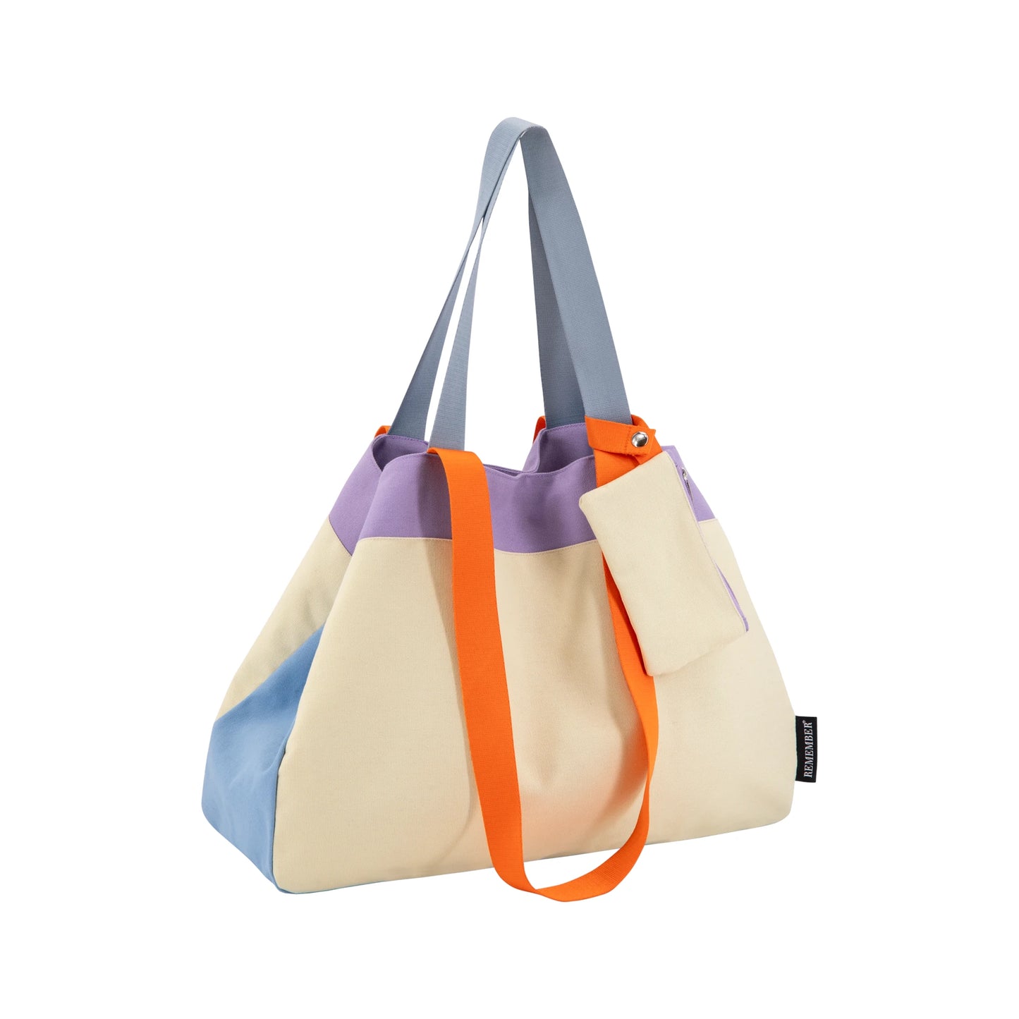 bolsa toni de la marca alemana remeber en color beige con acentos azul, morado, naranja y gris. con una bolsa externa anclada a una se las asas con una correa