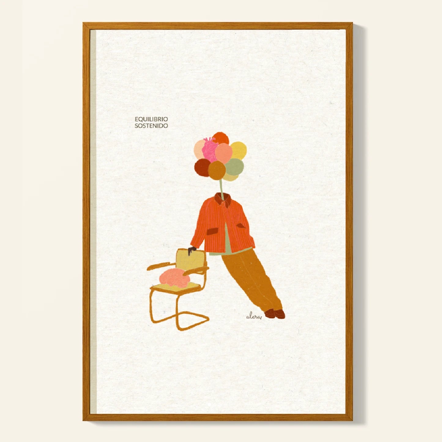 print de Alera Vida con el texto Equilibrio sostenido y una persona con la cabeza de globos y un corazón apoyada diagonalmente en una silla con un cerebro enmarcada en un marco de madera