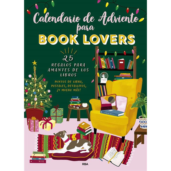 Portada del Calendario de Adviento para Booklovers, con un sillón amarillo, libros, un perro y un árbol de Navidad.