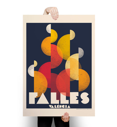 Poster tamaño 40x50 con fuego abstracto hecho con medias lunas rojas y amarillas y las letras Falles València