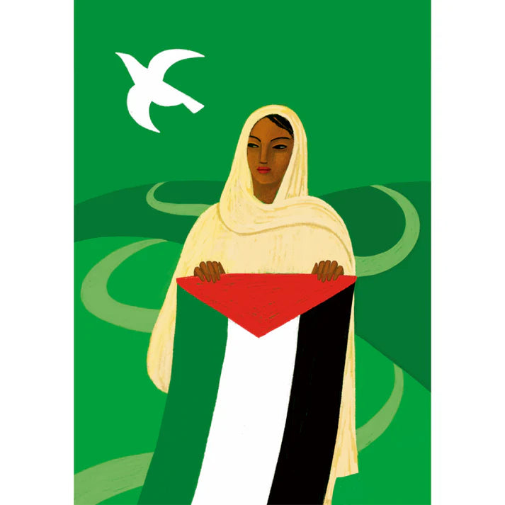 Ilustración de mujer palestina sujetando una bandera con una paloma de fondo