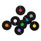 marcacopas en forma de disos de vinilo de color rojo, blanco, azul, gris, verde, naranja, morado y amarillo
