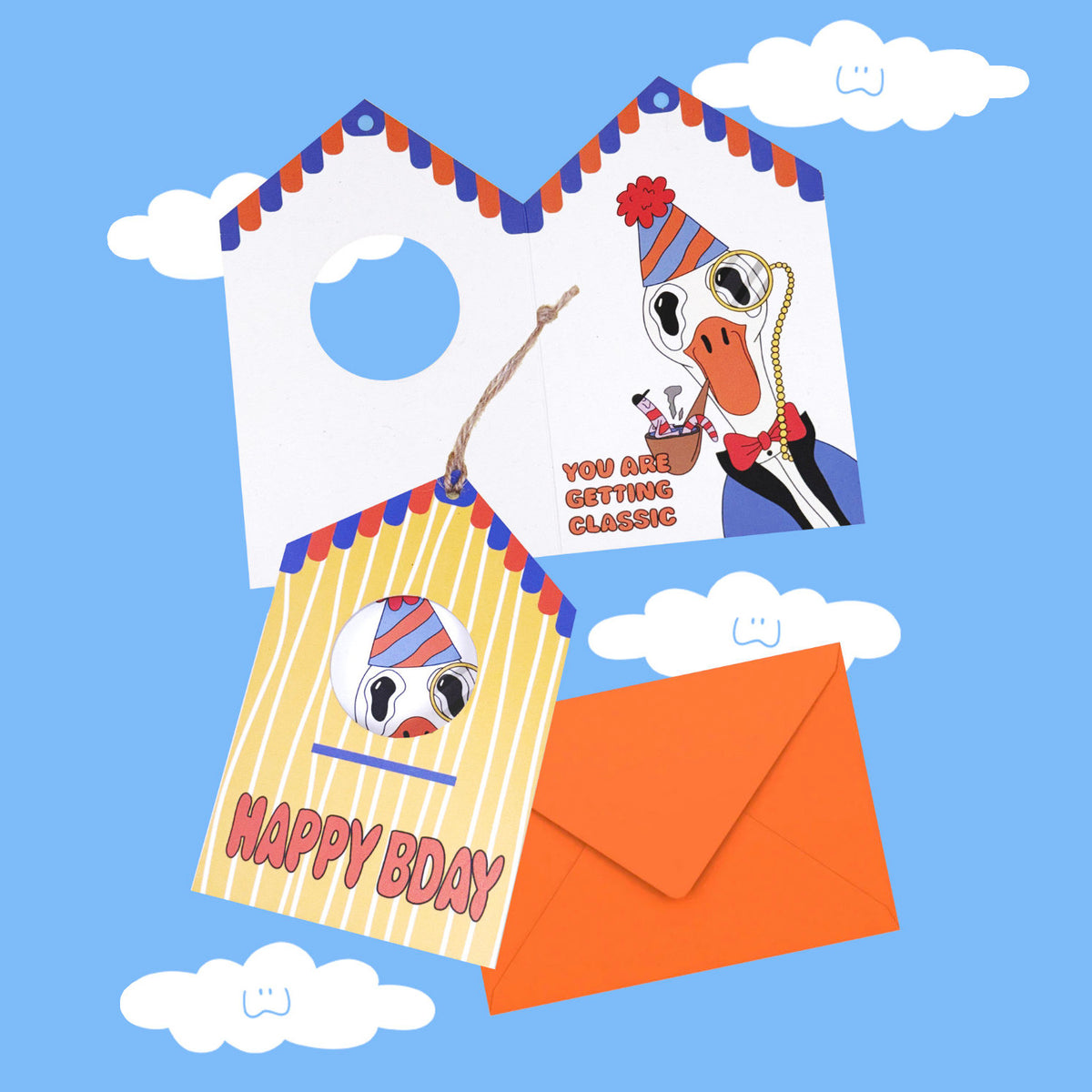 Tarjeta de cumpleaños Happy Bday en amarillo de Miss Feathers, con su sobre a juego