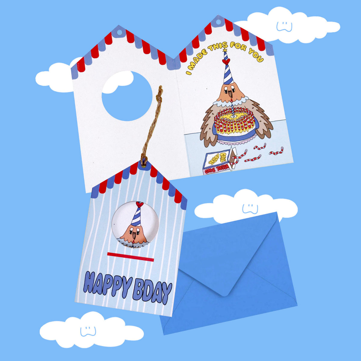 Tarjeta de cumpleaños Happy Bday en azul de Miss Feathers, con el mensaje "I made this for you"