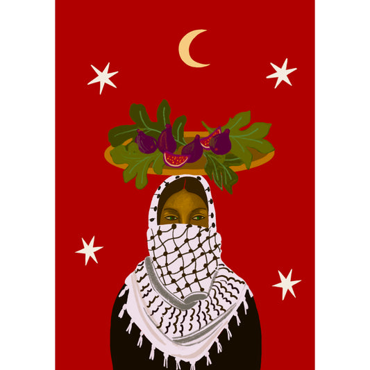 mujer con pañuelo palestino y con plato de higos encima de la cabeeza