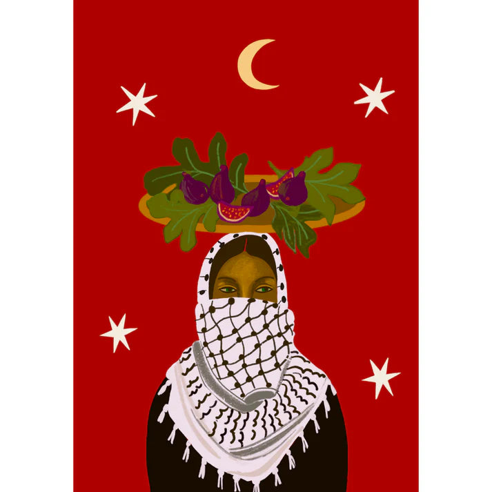 Ilustración de una mujer palestina con una bandeja de higos en la cabeza