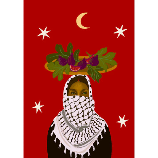 Ilustración de una mujer palestina con una bandeja de higos en la cabeza
