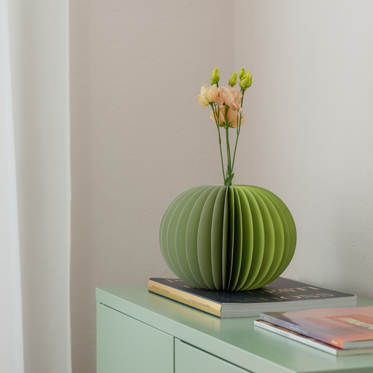 jarron de papel en forma de esfera color sage con plantas dentro