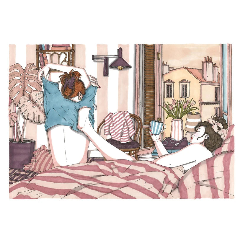 ilustración con dos mujeres descansando juntas en una escena íntima y acogedora