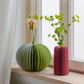 jarron de papel en forma de cilindro color frambuesa y sage con plantas dentro