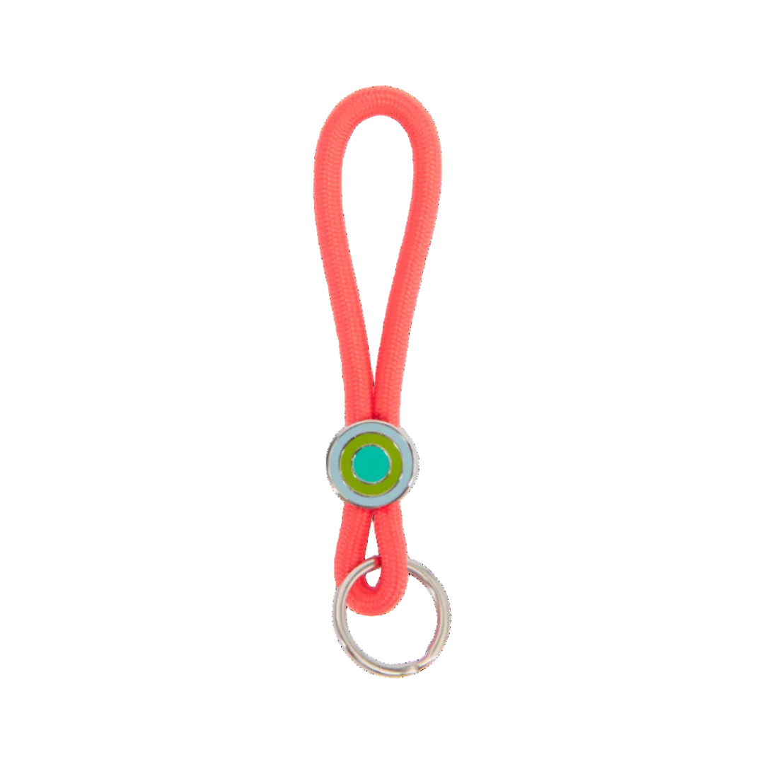 llavero colgante de cuerda roja para el móvil o las llaves con anilla plateada y un enganche con círculos de colores