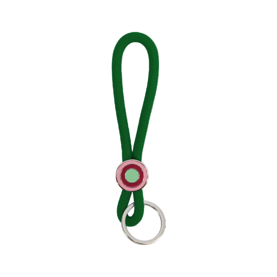 llavero colgante de cuerda verde oscuro para el móvil o las llaves con anilla plateada y un enganche con círculos de colores