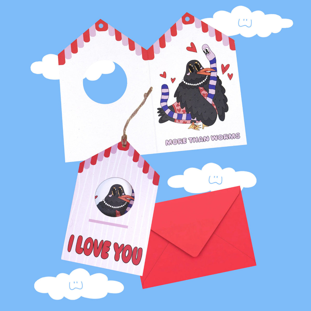 Tarjeta "I love you" de Miss Feathers junto a su sobre a juego