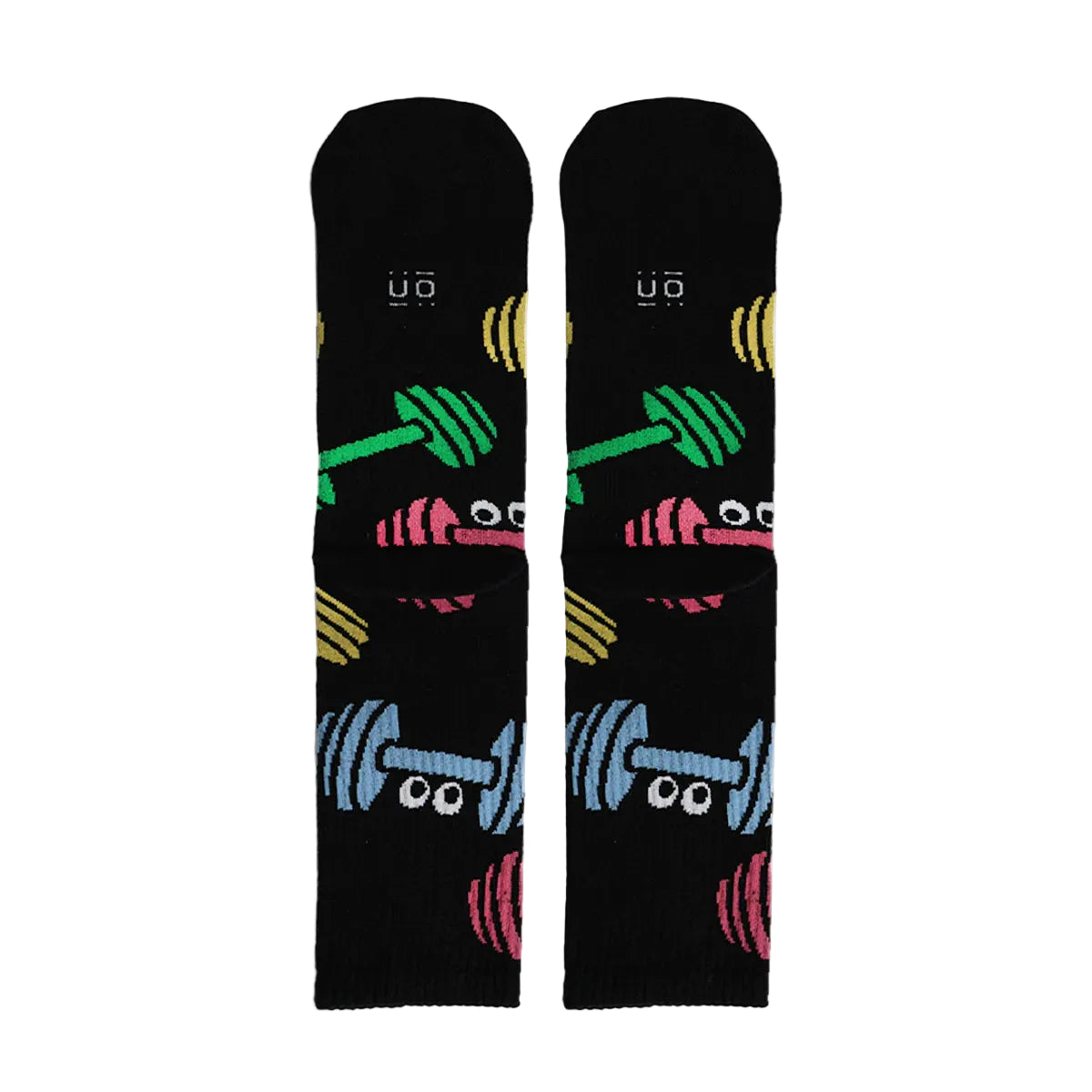 Parte de atrás de los calcetines negros con estampado de pesas de colores con ojos y el mensaje "Mamá Fit"