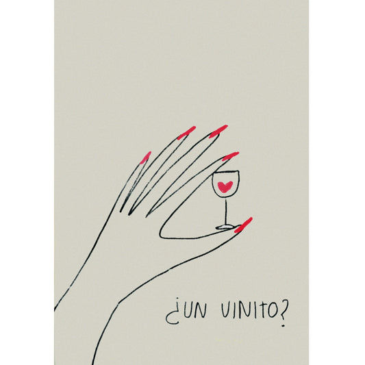 Ilustración ¿un vinito? de la artista María Gómez, de una mano con las uñas pintadas de rojo sujetando una copa pequeña de vino con un corazón rojo dentro