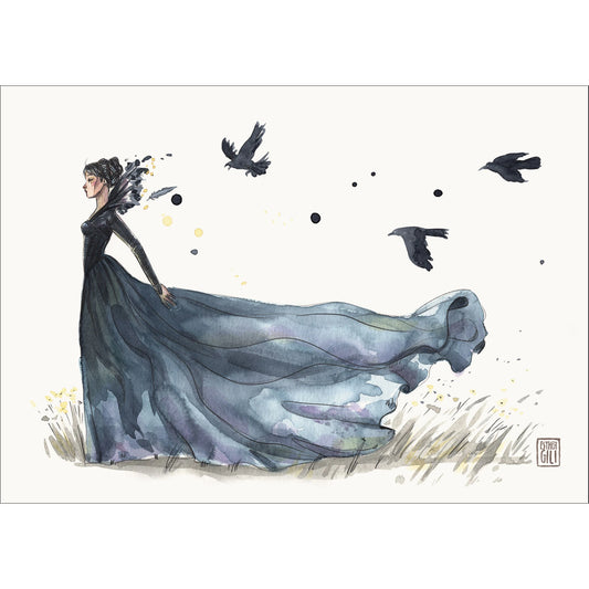 Ilustración Esther Gili de una mujer con un traje negro vaporoso seguida por cuervos