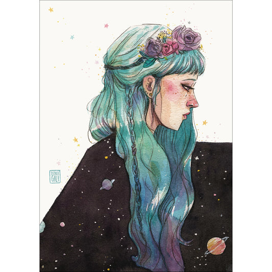 Ilustración de Esther Giili en la que una mujer de pelo azul con diadema de flores lleva un manto de la noche con planetas y estrellas