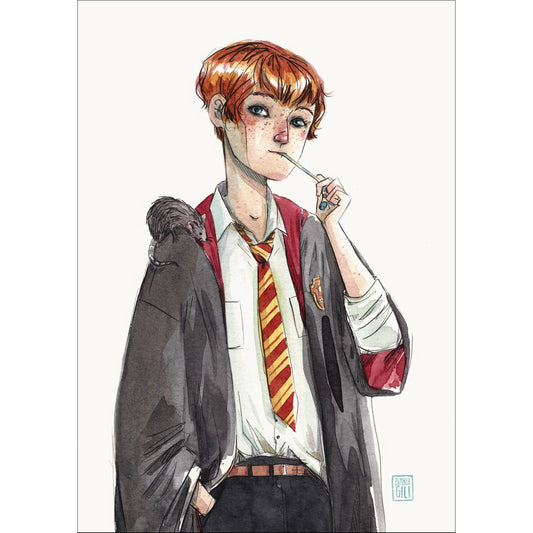 Postal con ilustración de Esther Gili del personaje de Harry Potter, Ron y su rata al hombro