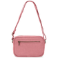 Vista trasera de la bandolera rosa Nino de Hindbag, con bolsillo de cremallera y correa ajustable con enganches metálicos.
