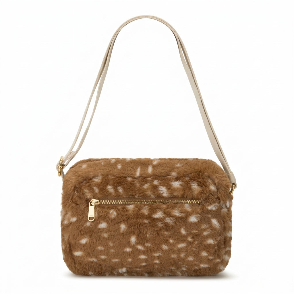 Vista trasera de la bandolera Nino de Hindbag con estampado de cervatillo y bolsillo exterior con cremallera dorada.