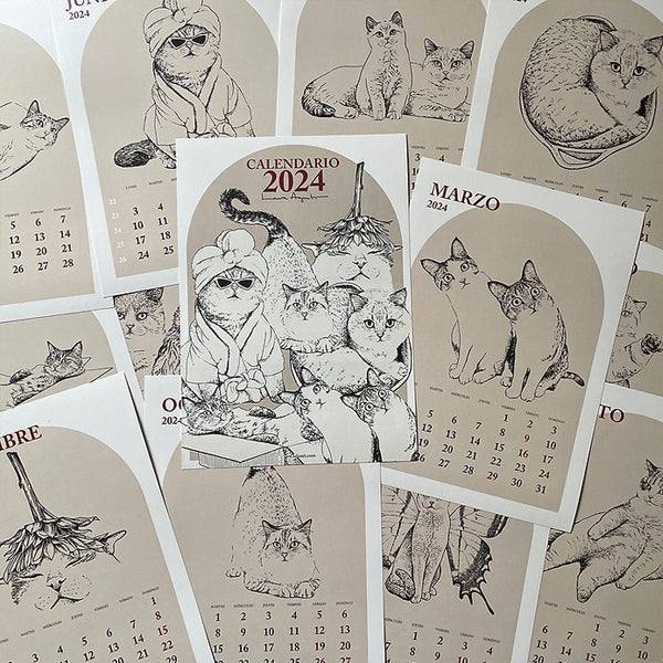 Hojas del calendario de pared de laura agusti con ilustraciones de Gatos