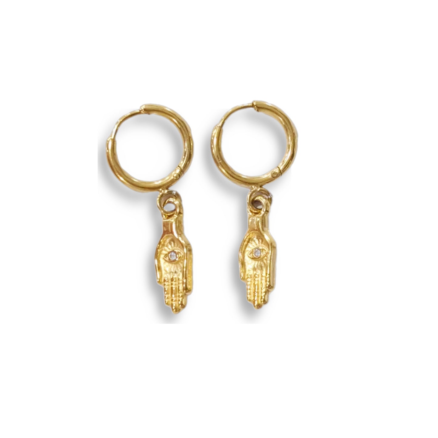 pendientes arete en acero inoxidable dorado en forma de la mano de Fátima con un brillante en el centro 