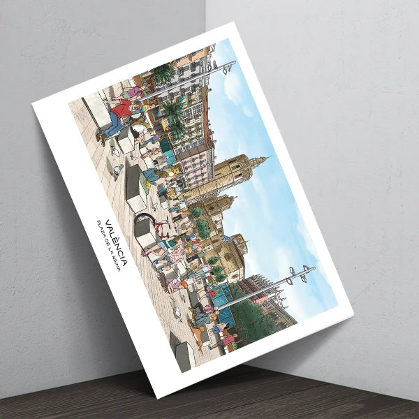 Postal con ilustración de la Plaza de la Reina reformada, el campanario de la catedral de Valencia de fondo