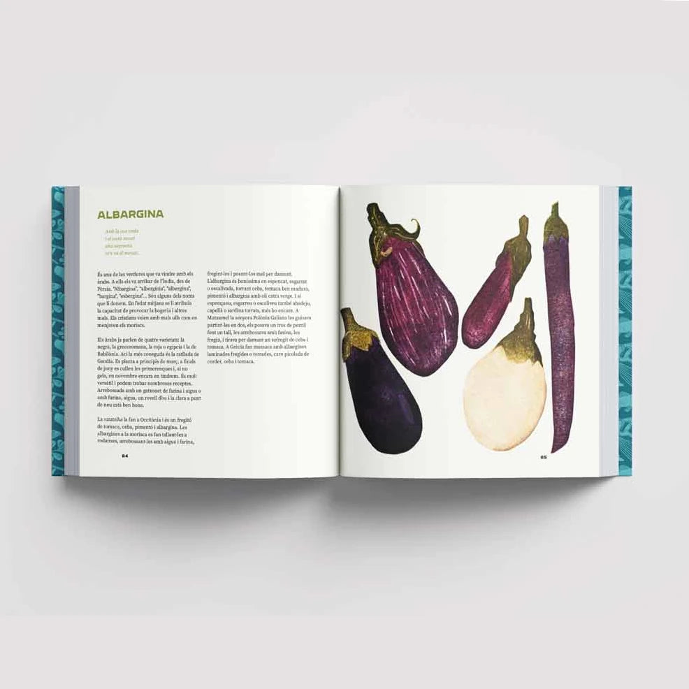 Páginas interiores del libro Cuina, paisatge i caliu sobre las variedades de berenjenas