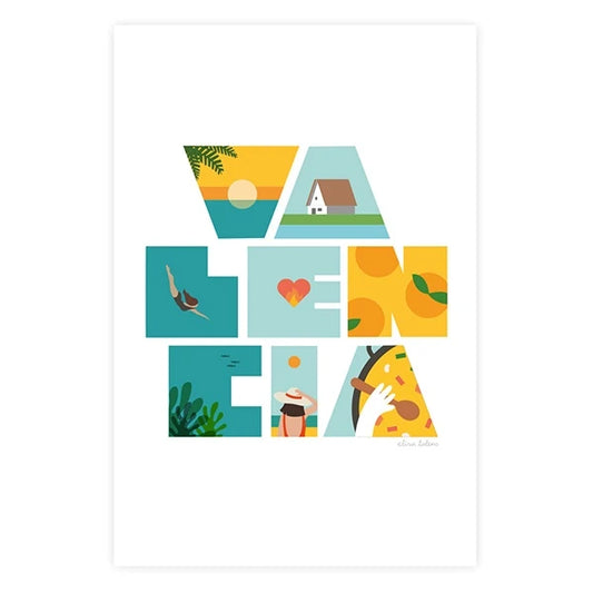 Ilustración con las letras de valencia llenas de elementos típicos como naranjas, playa, paella o barracas