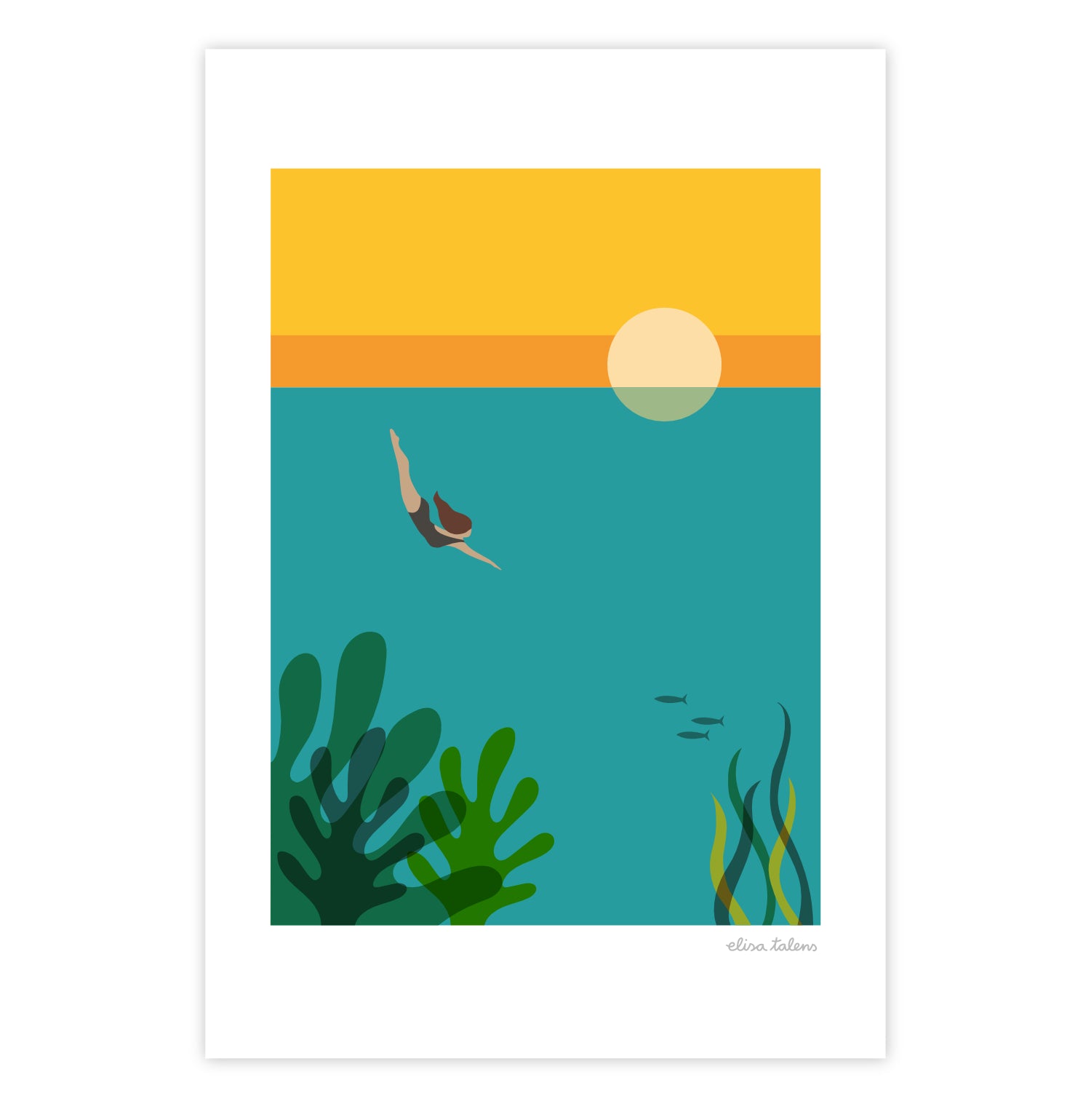 Postal de una ilustración de una mujer bucenado en el agua con la puesta de sol detrás de Elisa Talens.