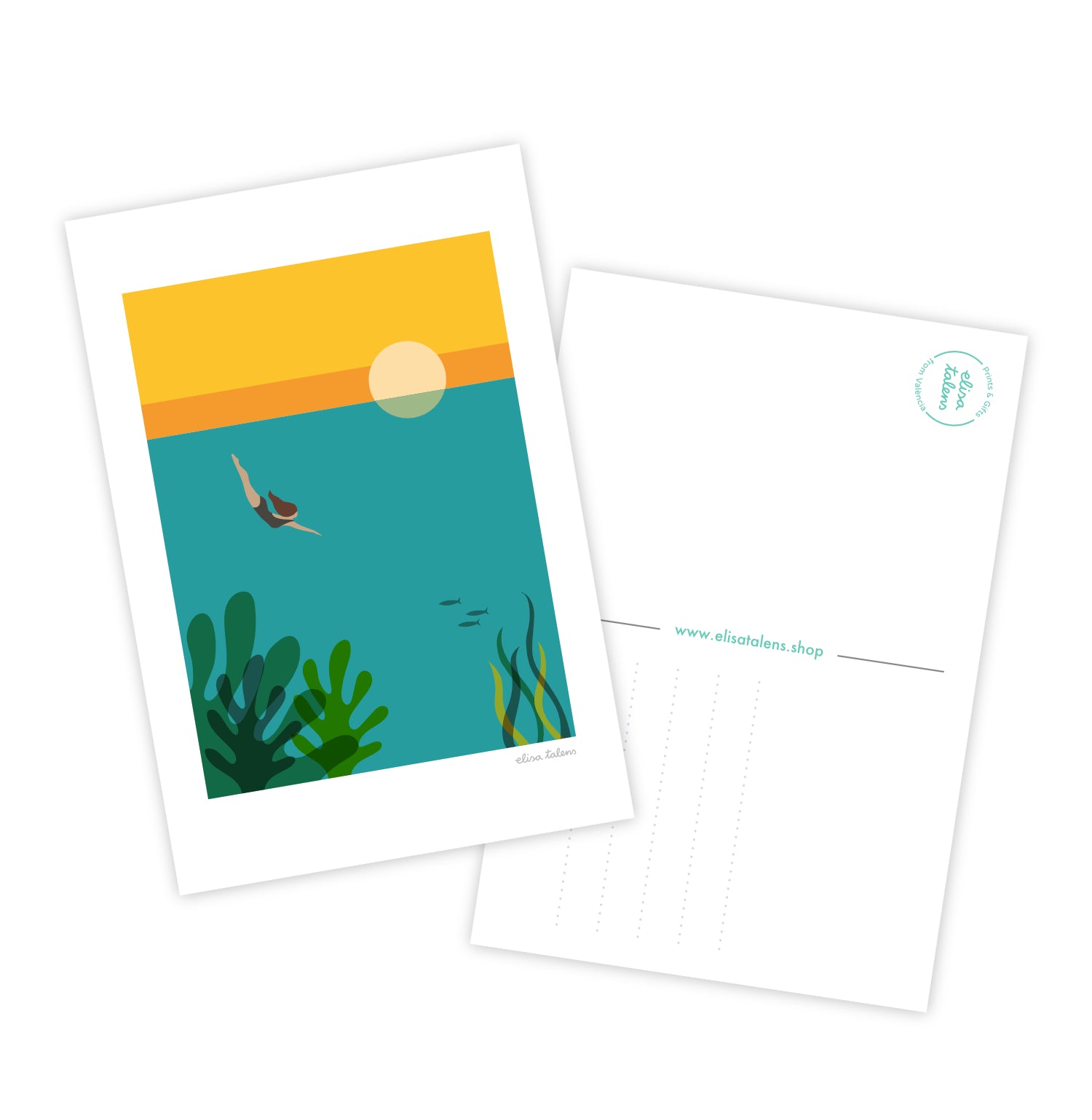 Parte frontal y trasera de una ilustración de una mujer bucenado en el agua con la puesta de sol detrás de Elisa Talens.