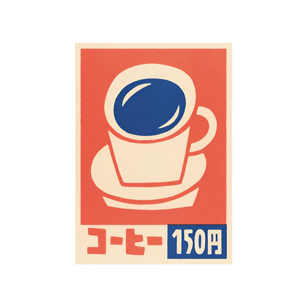 Ilustración minimalista en estilo retro de una taza de café sobre un platillo, con un diseño simplificado en colores crema, azul y rojo. El fondo es rojo con detalles en crema, y la taza contiene un líquido azul brillante que refleja luz. En la parte inferior derecha aparece el precio '150 yenes' en un recuadro azul, acompañado de la palabra japonesa 'コーヒー' (café) en texto rojo