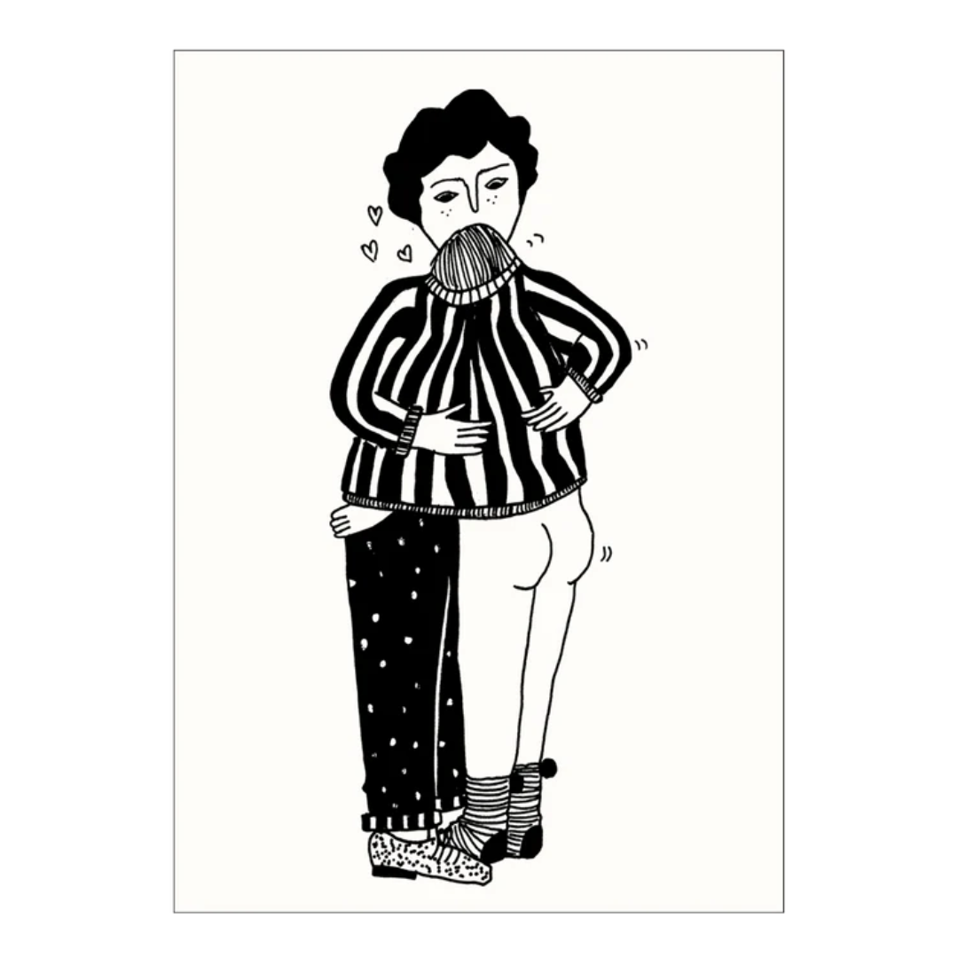 Postal con ilustración de Helen B de una pareja abrazada con ella desnuda por debajo del jersey de él