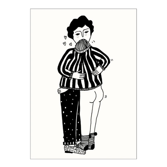 Postal con ilustración de Helen B de una pareja abrazada con ella desnuda por debajo del jersey de él