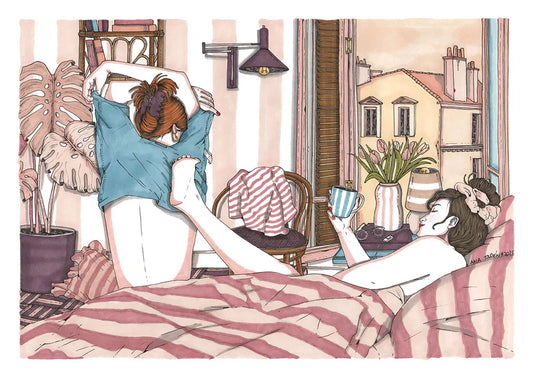 ilustración con dos mujeres descansando juntas en una escena íntima y acogedora