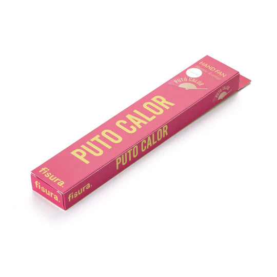 caja abanico puto calor rosa con letras amarillas